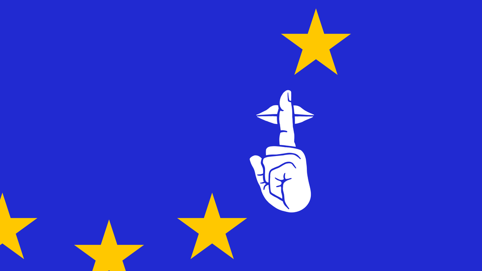 A hush gesture over the EU flag