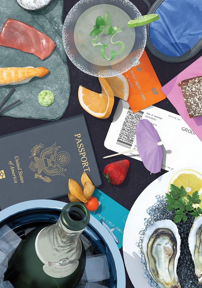 illustration of table cluttered with sushi, cocktail, passport, boarding pass, oysters, champagne bottle in bucket, credit card, seen from above 