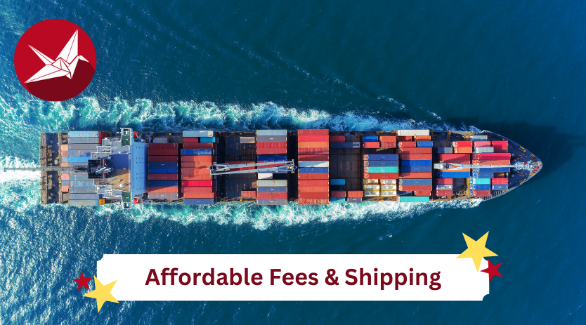 A large freighter ship sailing through the ocean containing Sendico parcels shipped by international couriers with the words Affordable Fees & Shipping on the bottom banner
