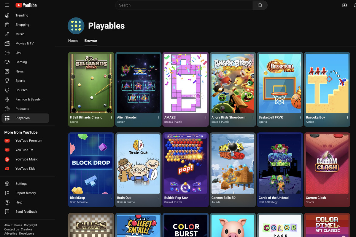 The landing page for YouTube Playables