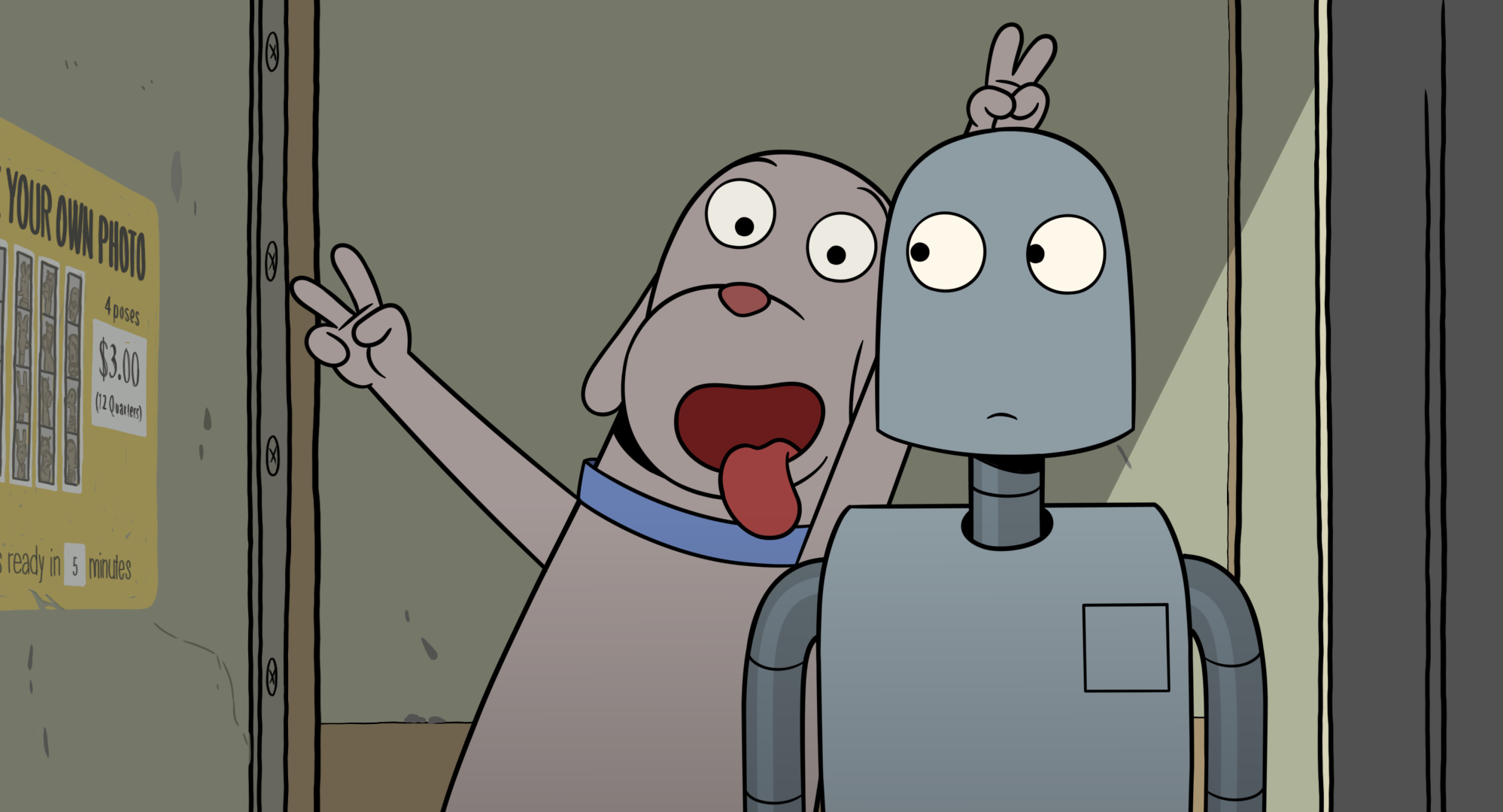 An animated dog and robot pose for a funny picture