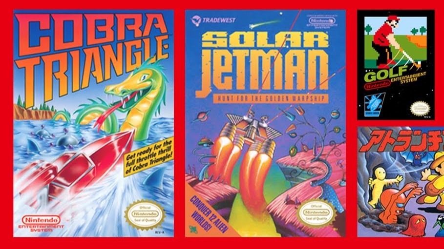 Colorful cover art for NES games Cobra Triangle, Solar Jetman, Golf, and The Mystery of Atlantis
