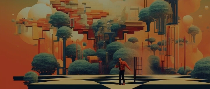 A man in a red jumper surrounded by 3d style trees
