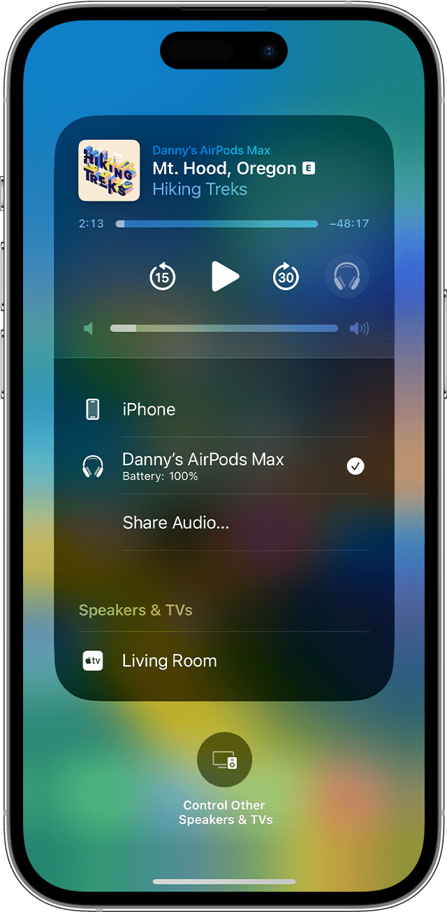 iPhone Control Centre displaying AirPods as an option to play audio. 