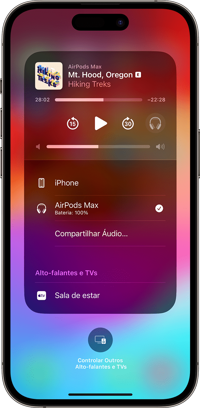 Central de Controle do iPhone exibindo os AirPods como uma opção para reproduzir áudio. 