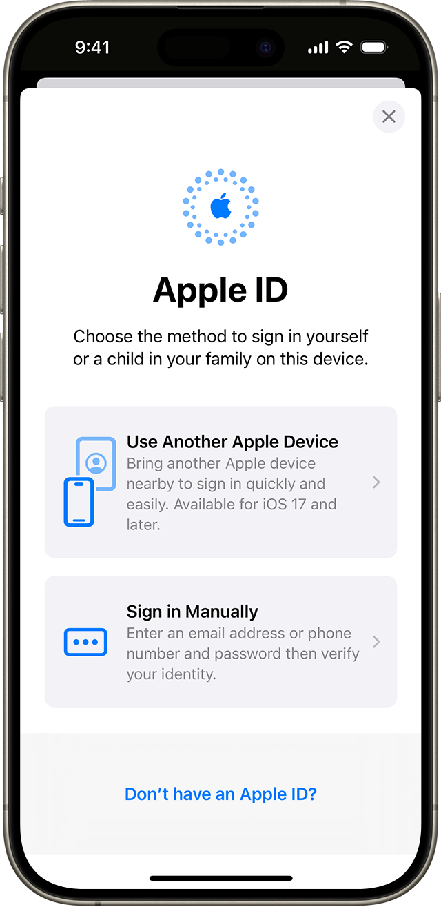  iPhonen asetuksissa voit kirjautua sisään manuaalisesti Apple ID:lläsi tai käyttää toista Apple-laitetta.