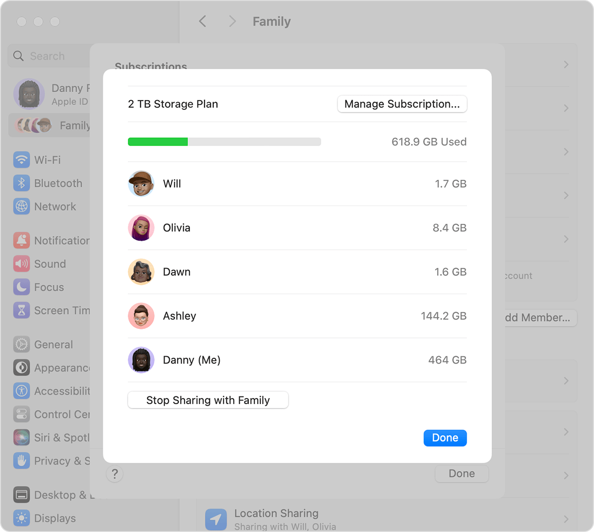 Ustawienia subskrypcji rodzinnych iCloud+ w systemie macOS Sonoma
