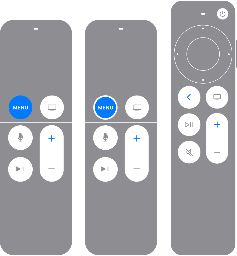 أجهزة ريموت Apple TV مع تمييز الزر "رجوع" (أو "القائمة)" والزر "رفع مستوى الصوت" باللون الأزرق