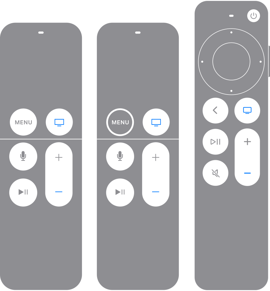 Mandos a distancia del Apple TV con el botón TV/Centro de control y el botón para Bajar volumen resaltados en azul
