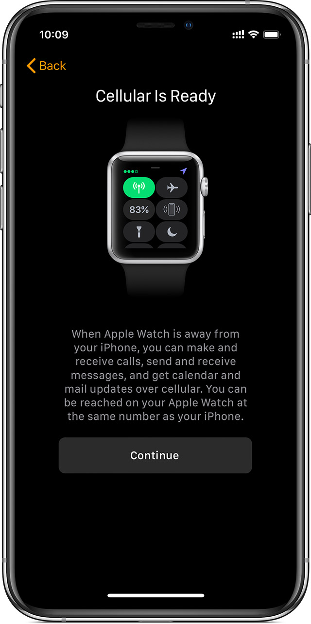 Mobile setup screen on iPhone showing that mobile is ready to use on your Apple Watch.
