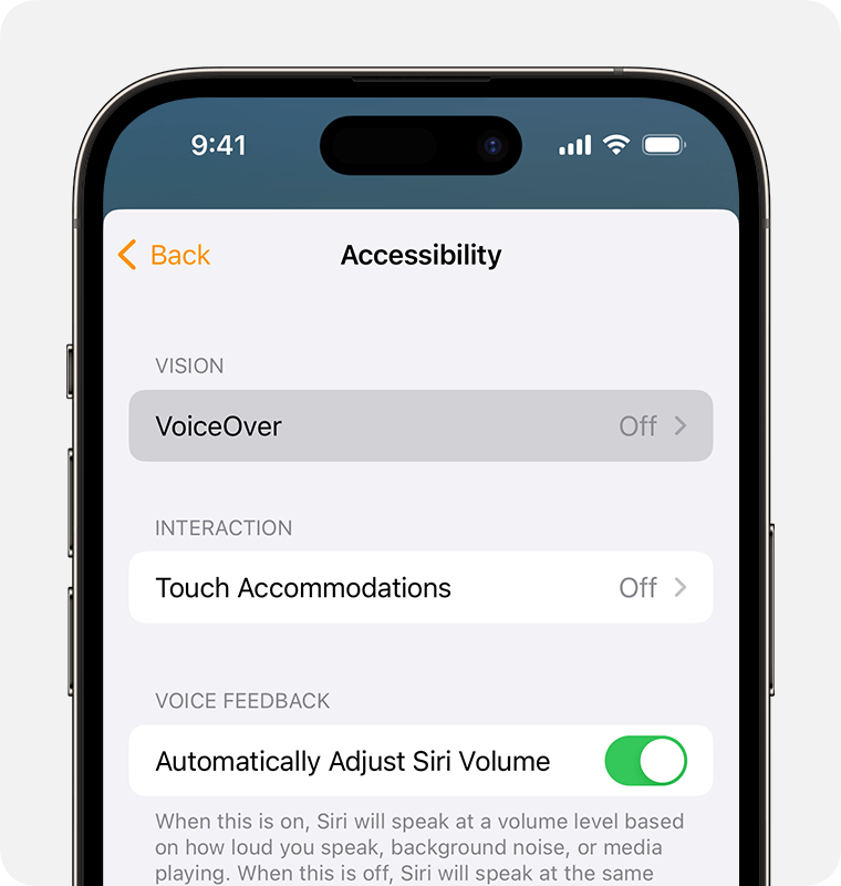 VoiceOver apparaît en haut de l’écran des réglages d’accessibilité