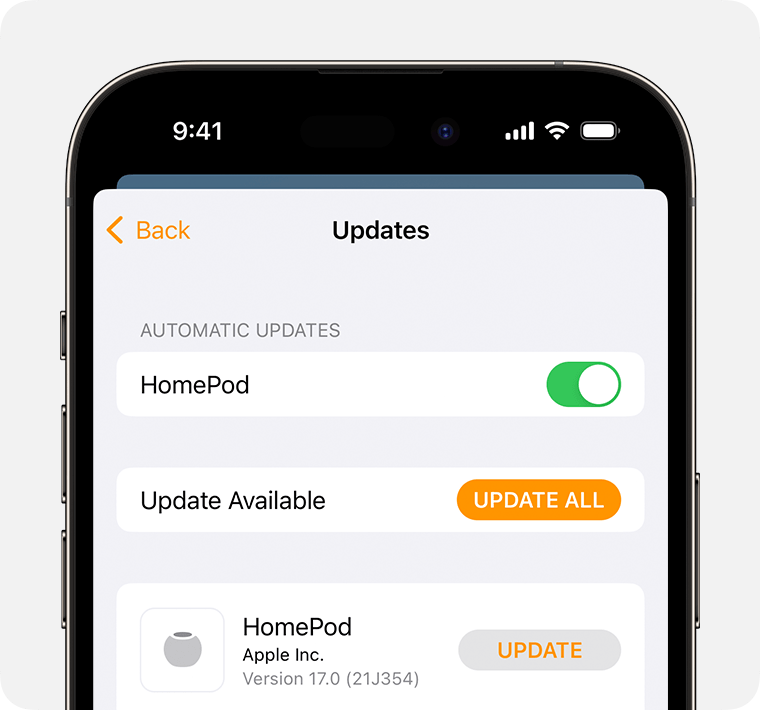 Oppdatering tilgjengelig vises under Automatiske oppdateringer på Oppdateringer-skjermen i Hjem-appen