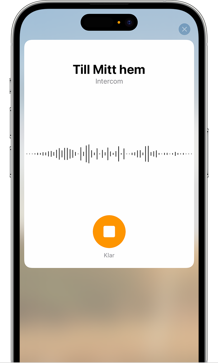 iOS-skärmavbild som visar inspelningsskärmen för Intercom-meddelande.