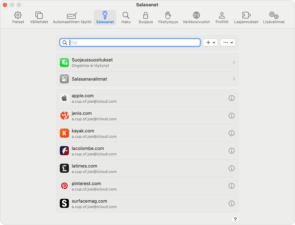 Macissa voit katsoa tallennettuja salasanoja ja pääsyavaimia Safarin asetuksista.
