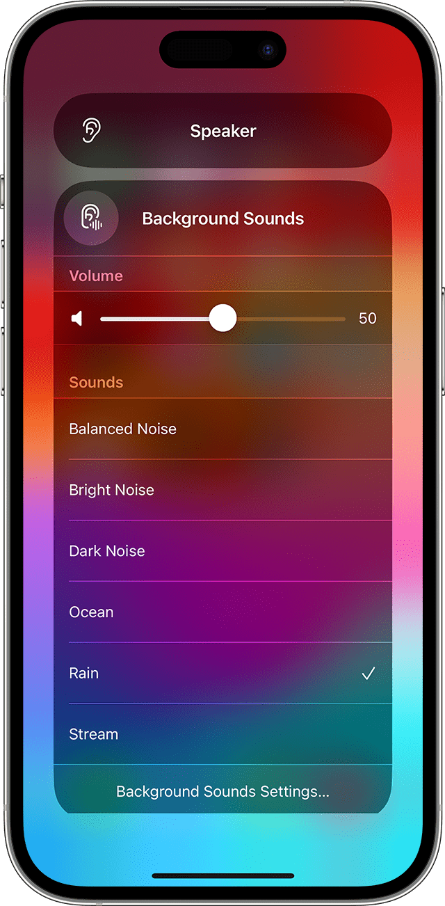 Ein iPhone, auf dem das Hintergrundgeräusche-Menü angezeigt wird. Die Taste für Hintergrundgeräusche befindet sich ganz unten auf dem Bildschirm in der Mitte.