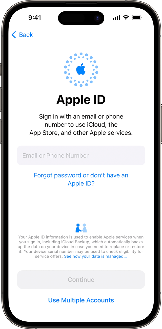 Използвайте имейл адреса или телефонния си номер, за да влезете с Apple ID по време на процеса на настройване на iPhone в iOS 17.