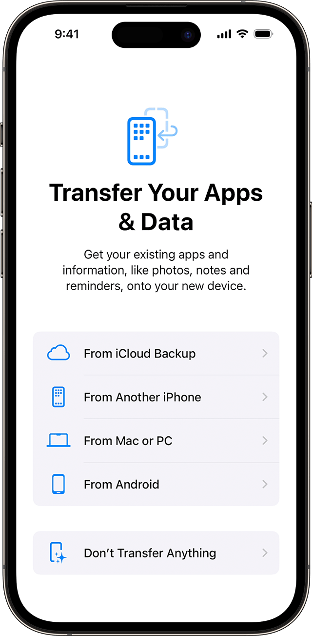 Опциите Transfer Your Apps & Data (Прехвърляне на приложения и данни) при настройване на iPhone в iOS 17