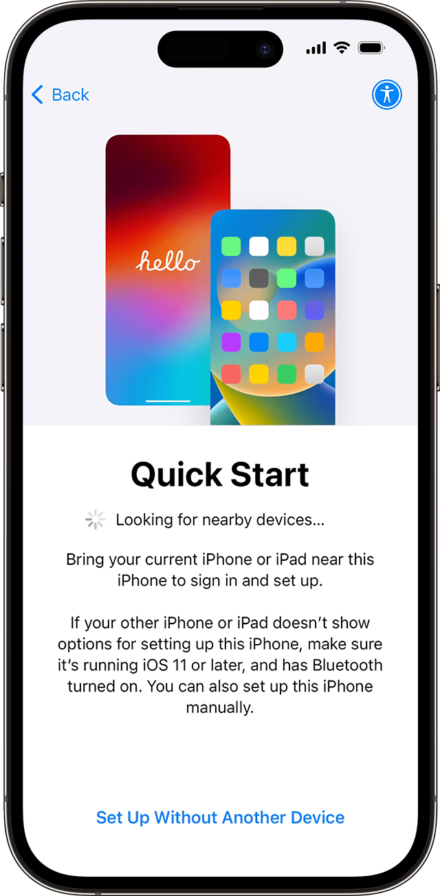 В iOS 17 може да настроите новия си iPhone с друго устройство чрез Quick Start (Бързо стартиране).