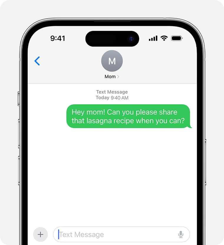 Повідомлення до мами, у якому відправник запитує рецепт лазаньї. Це SMS- або MMS-повідомлення, тому воно відображається в зеленій бульці.
