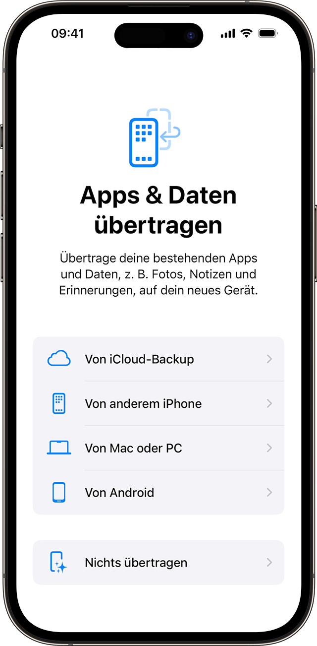 Die Optionen „Apps & Daten übertragen“ bei der Einrichtung eines iPhone in iOS 17
