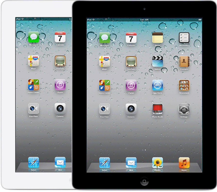 iPad 2 has a Home button and a small, circular front camera cut-out