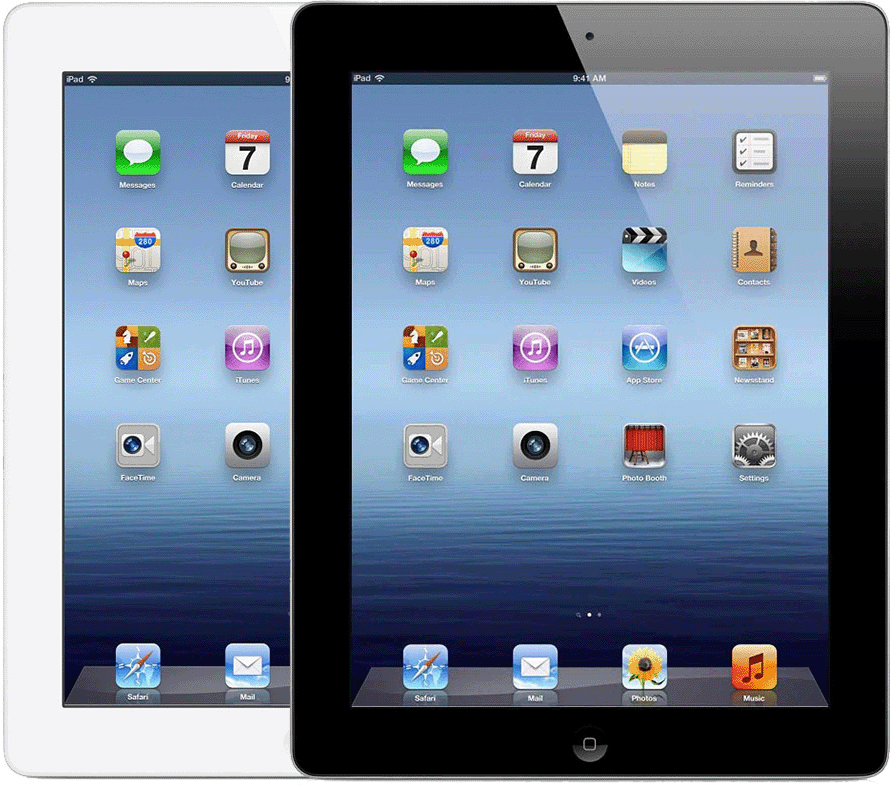iPad (generasi ke-3) memiliki tombol Utama dan lubang kamera depan kecil berbentuk lingkaran
