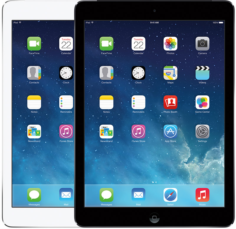 iPad Air has a small, circular front camera cut-out above the display and a Home button below the display 