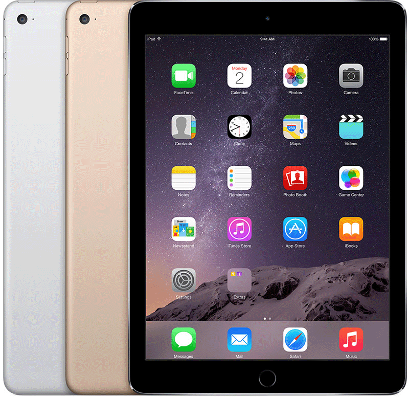 iPad Air 2 has a Home button below the display and a circular rear camera cut-out