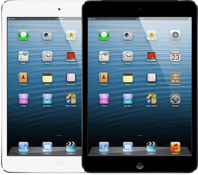 iPad mini has a Home button below the display and a small, circular front camera cut-out above the display