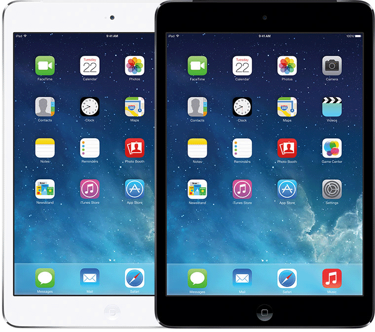 iPad mini 2 has a Home button below the display and a small, circular front camera cut-out above the display