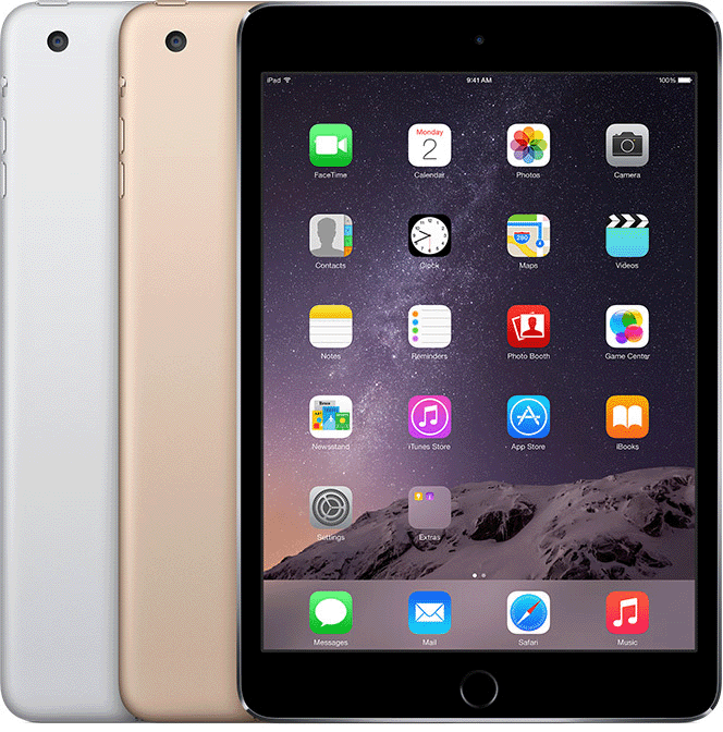 iPad mini 3 has a side switch and a Home button below the display