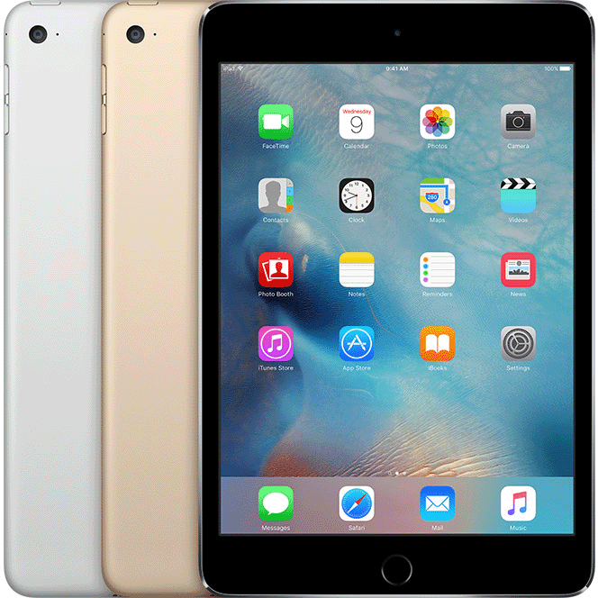 iPad mini 4 has a Home button below the display and a circular rear camera cut-out