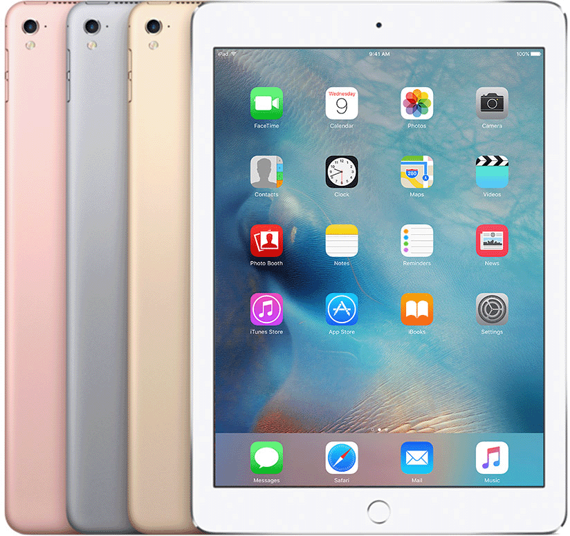 iPad Pro（9.7 吋）的顯示器下方配備圓形的主畫面按鈕，後置相機開口為圓形設計