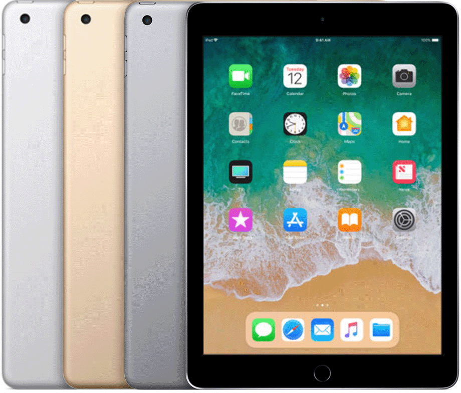 iPad (generasi ke-5) memiliki tombol Utama dan lubang kamera belakang berbentuk lingkaran