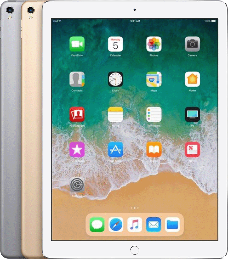 iPad Pro 12,9 inch (thế hệ thứ 2) có nút Home hình tròn bên dưới màn hình và một lỗ khoét camera sau hình tròn
