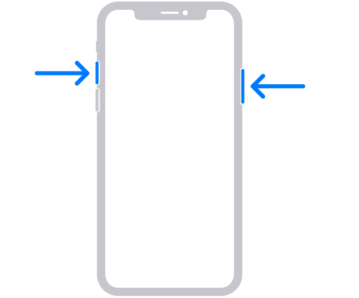 一台配备面容 ID 的手机（如 iPhone 14），图中的箭头指向这台手机上的侧边按钮和调高音量按钮