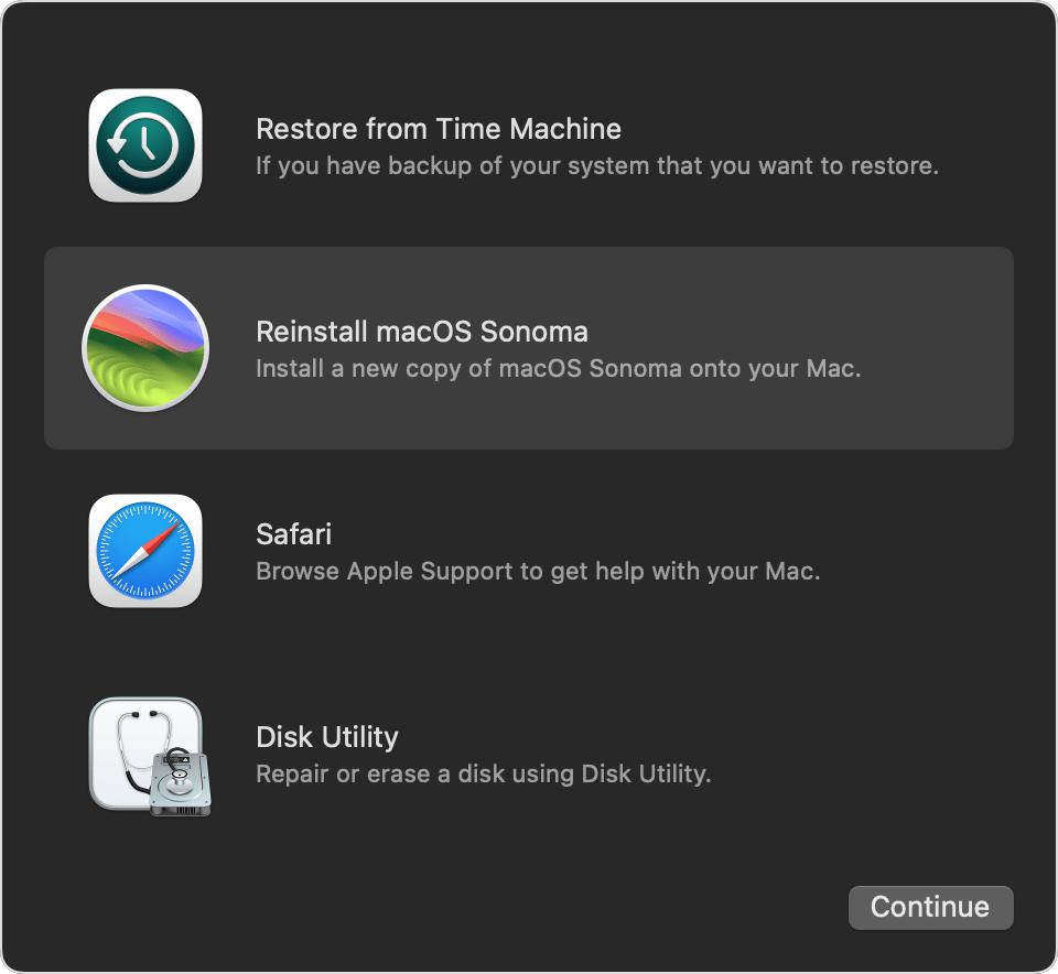 macOS 복구의 유틸리티 윈도우