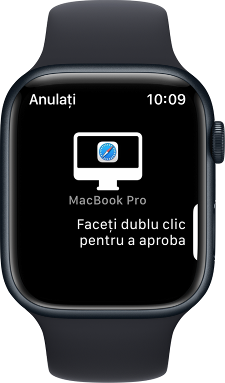 Un Apple Watch care afișează un mesaj cu opțiunea de dublu clic pentru aprobare