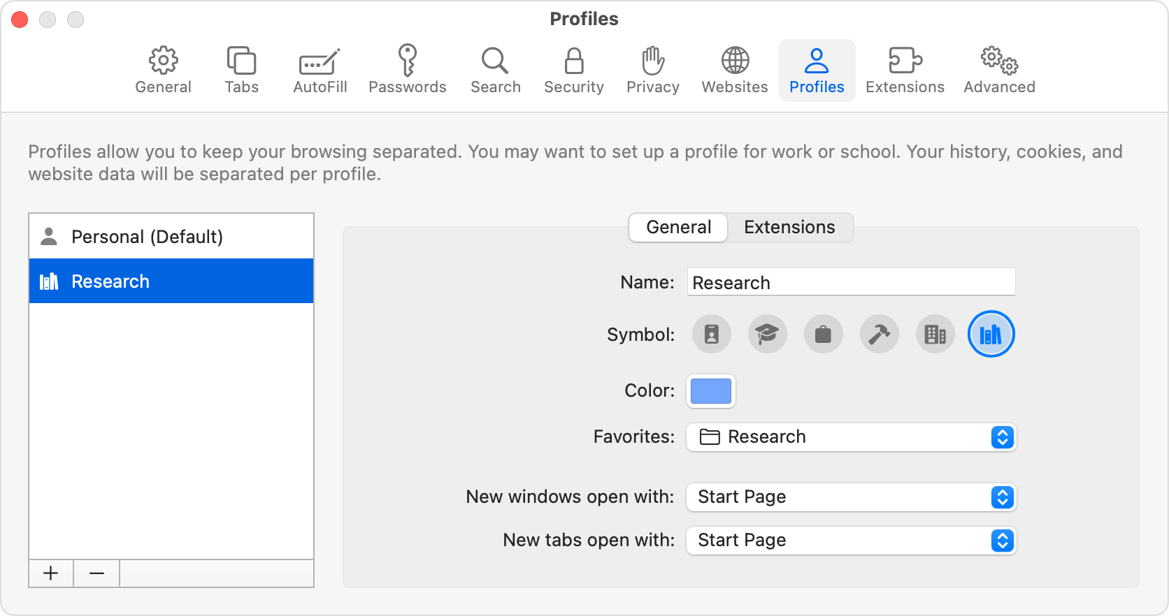 Вкладка «Профілі» в параметрах Safari після створення нового профілю