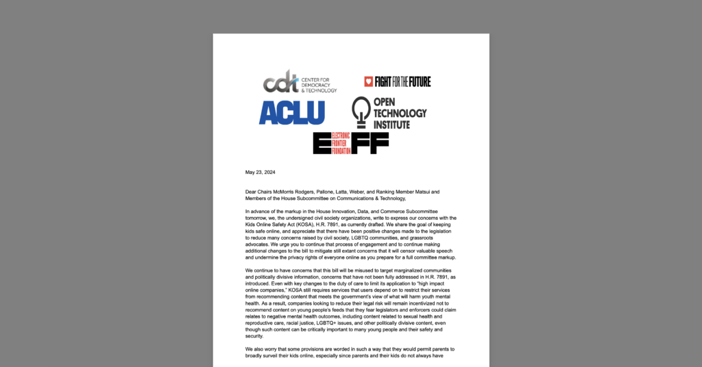 CDT, ACLU, EFF, Fight for the Future, and OTI Call on House Subcommittee to Improve Kids Online Safety Act to Ensure Kids' Access to Critical Information. White document on a grey background.