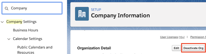 Pagina di Salesforce per la disattivazione dell'organizzazione.