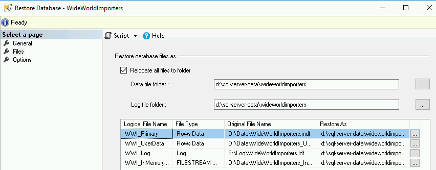 Capture d'écran montrant la boîte de dialogue Restore Database (Restaurer la base de données).