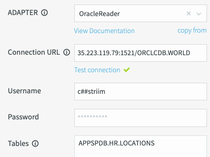 Os campos obrigatórios para o adaptador Oracle Reader.