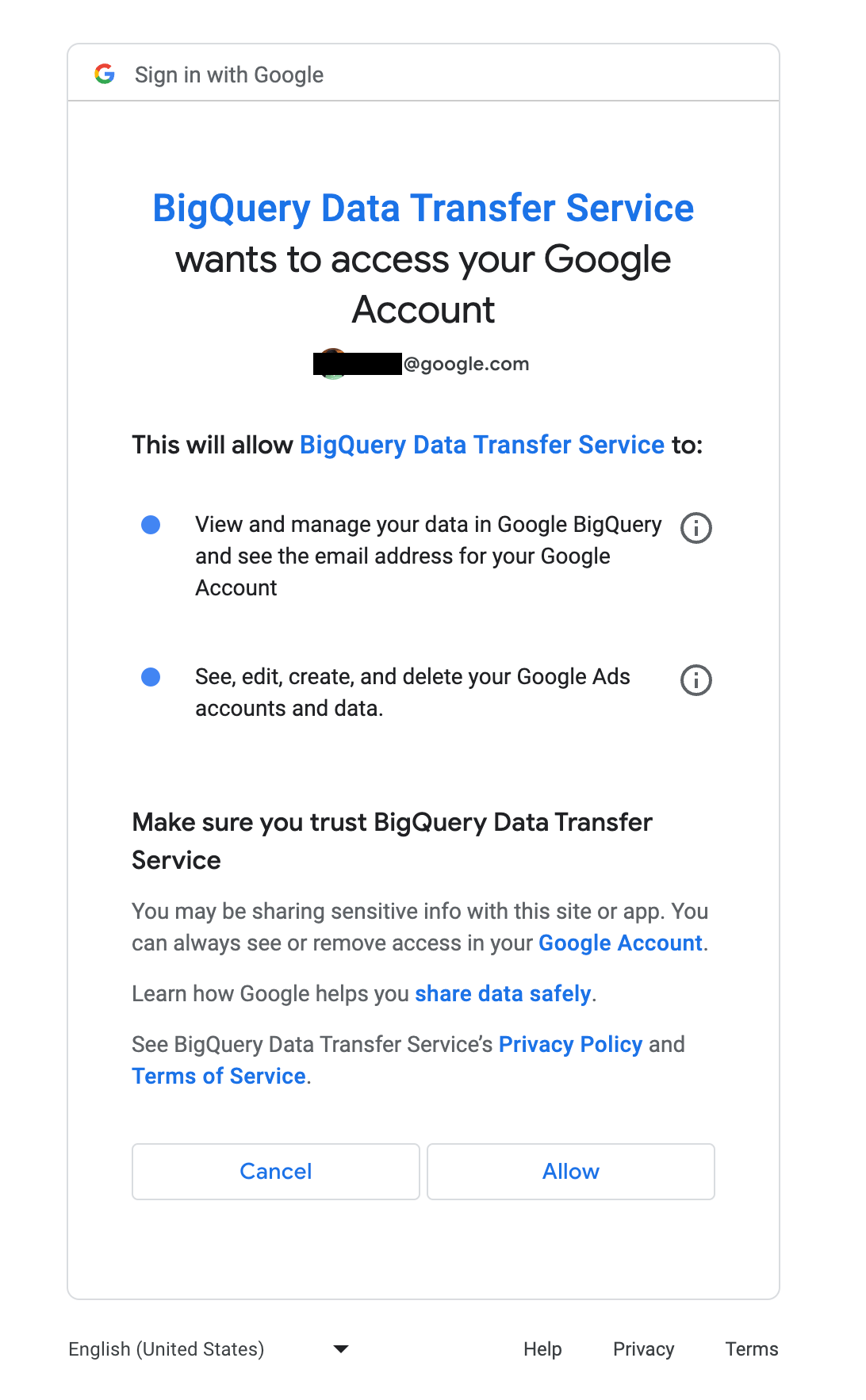 Izinkan BigQuery Data Transfer Service mengakses Google Ads.
