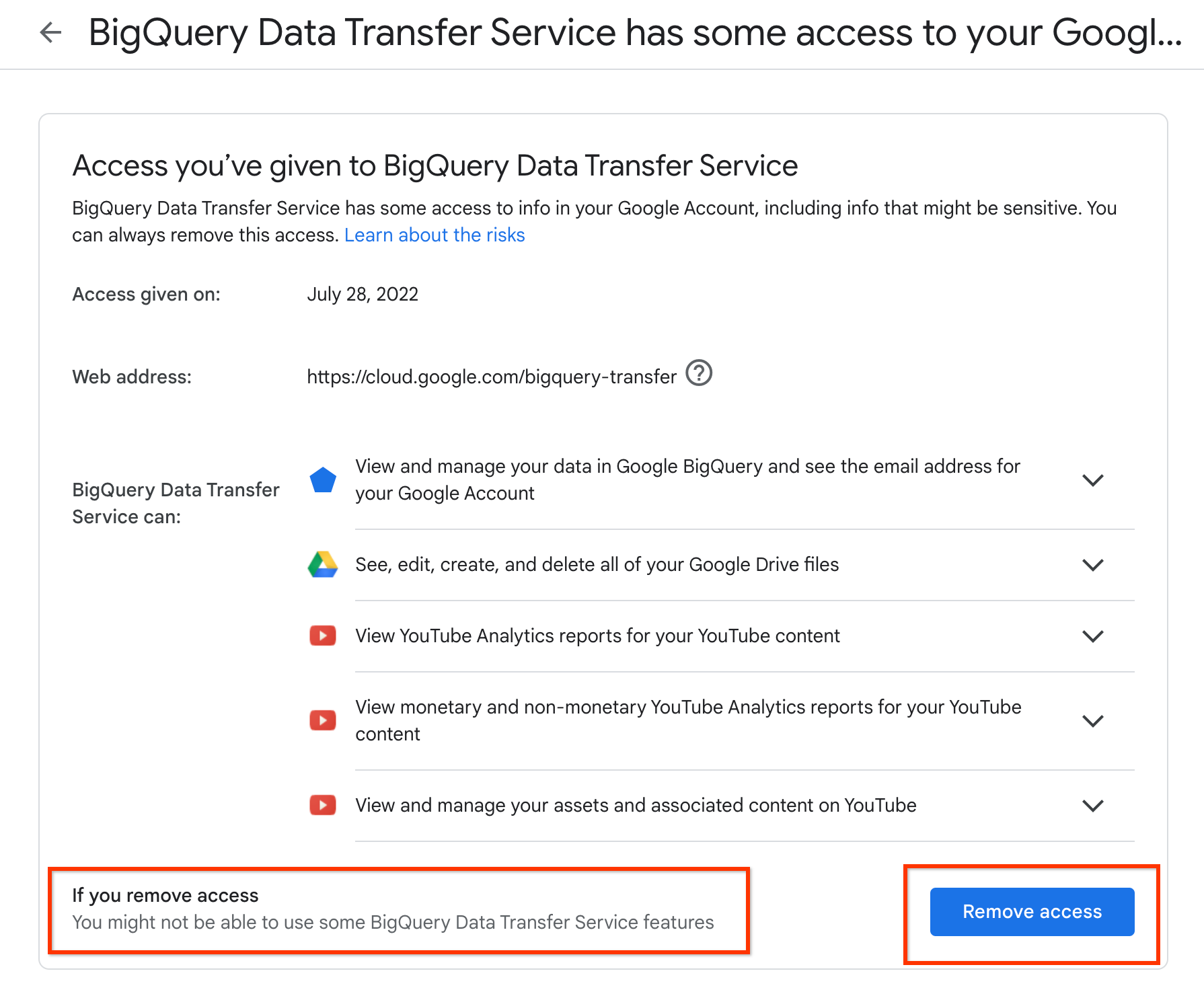 Quita el acceso que otorgaste al Servicio de transferencia de datos de BigQuery.
