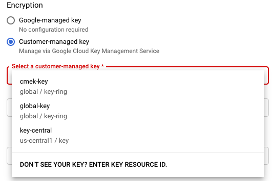 The encryption options on the Create job from template page to use
              a Google-owned and Google-managed key or customer-managed keys.