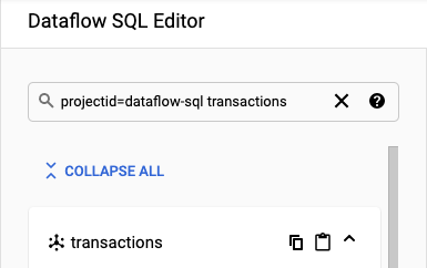 Panneau de recherche Data Catalog dans l'espace de travail Dataflow SQL.