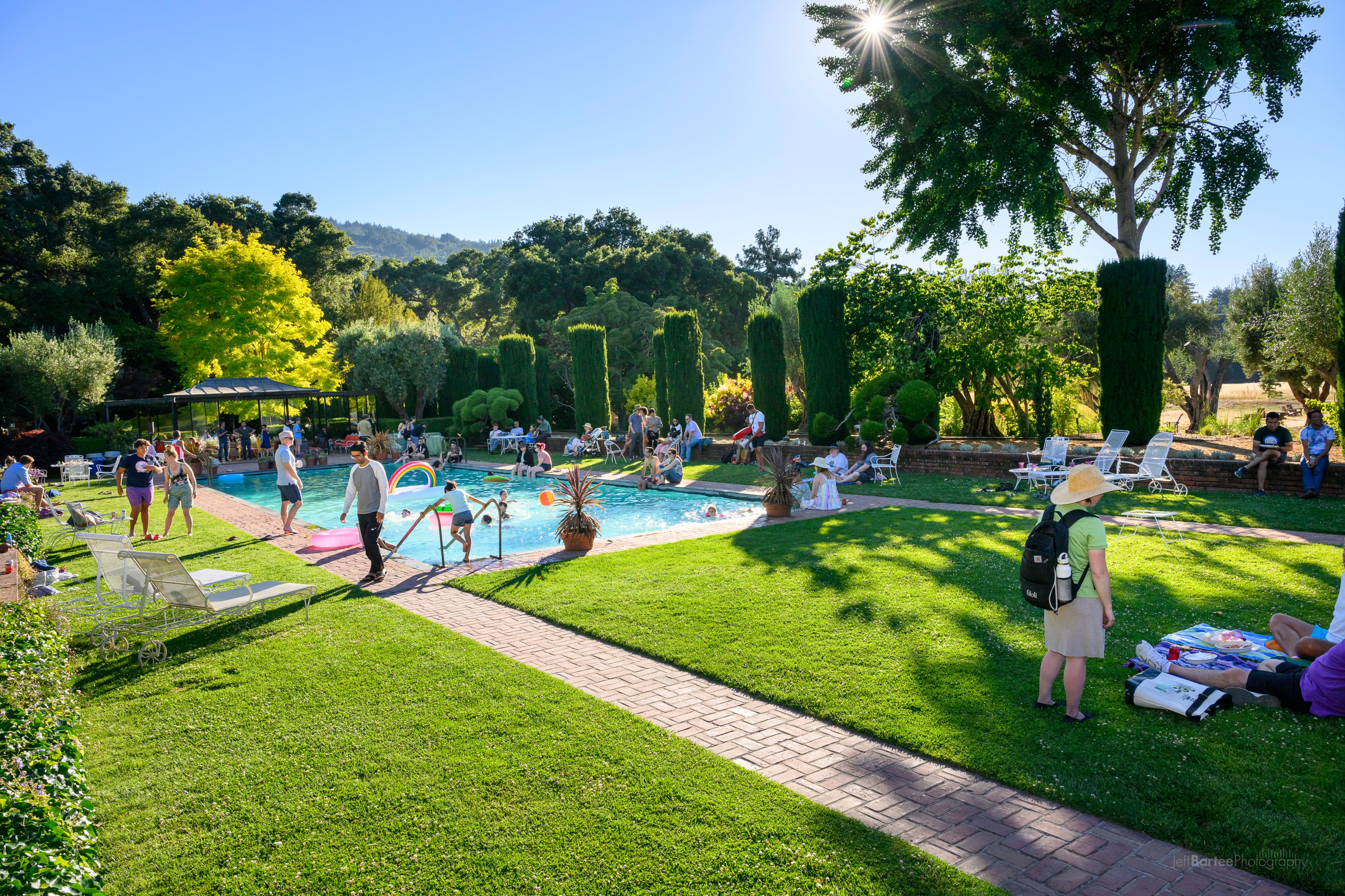A sunny, lively outdoor pool scene with people swimming and relaxing on lounge chairs, surrounded by lush greenery and large trees, under a clear blue sky.