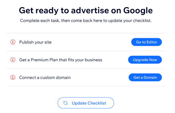 Screenshot of the Get Ready to Advertise checklist for Google Ads with Wix