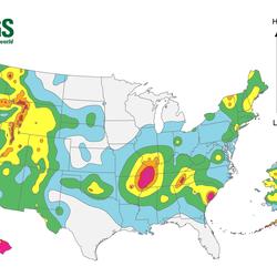  2014 USGS National Seismic Hazard Map, displaying intensity of potential ground shaking from an earthquake in 50 years (which i